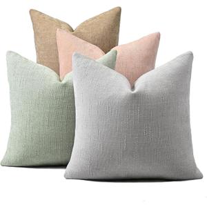 Farmhouse Decor Throw Pillow Covers 18x18 Inch Set of 4, Solid Textured Cushion Covers for Couch, Sofa, Bed – Beige, Light Grey, Pink, Light Green