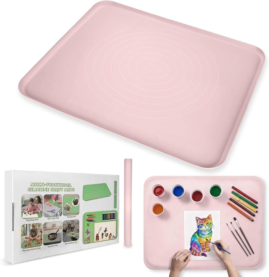 Extra Large Silicone Painting Mat for Crafts, 24x 19 Waterproof Art Mat with Raised Sides, for Paint, Clay Playdough, & Jewelry-Making (Pink)