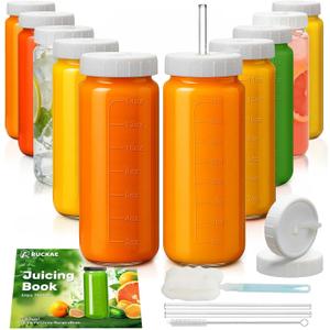 Ruckae 16oz 10 Pack Glass Juice Bottles with Dual Scale, Reusable Glass Bottles with Hole Lids and Straws Mason Jar for Juicing, Smoothies, Kombucha - Water Bottle for Fridge or Gym (Transparent)