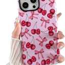 Compatible with iPhone 16 Pro Case,Cute Pink Cherry Bow Pattern with Shockproof Slim Soft TPU and Hard PC Protective Cover for Women Designed for iPhone 16 Pro Case (Frosted)