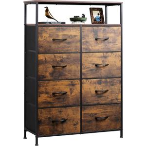 WLIVE Fabric Dresser for Bedroom with Open Shelves, Tall Dresser with 8 Drawers, Storage Tower with Fabric Bins, Chest of Drawers for Closet, Hallway, Rustic Brown Wood Grain Print