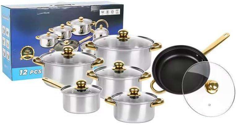 DW German Stainless Steel Cookware Set, 12-Piece Lightweight Pots & Pans with Nonstick Frying Pan, Milk Pot & Glass Lids for Everyday Cooking
