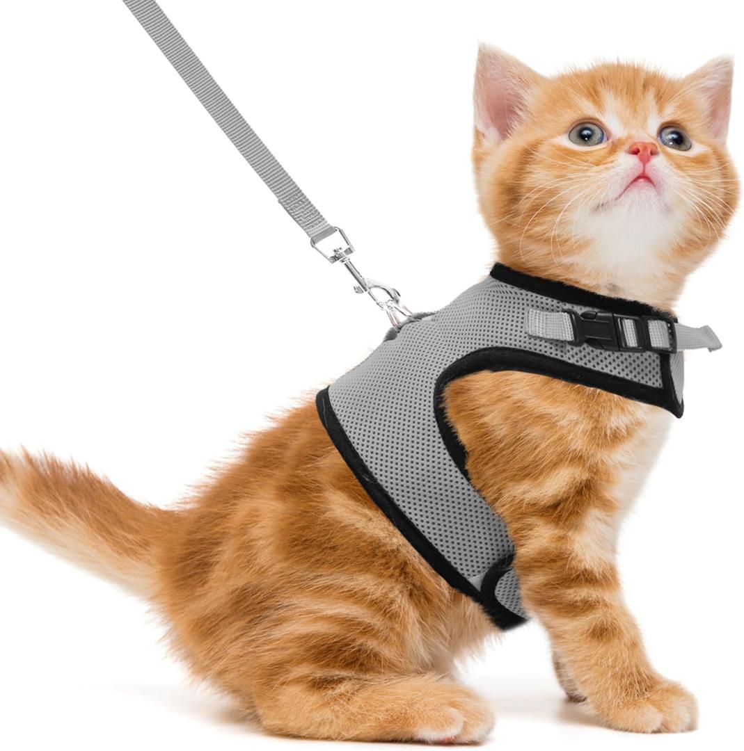 PUPTECK Soft Mesh Cat Vest Harness and Leash Set Puppy Padded Pet Harnesses Escape Proof for Cats Small Dogs Rabbits Bunny, Grey S (S(NECK 6", CHEST 8.5", 2-4 lbs))