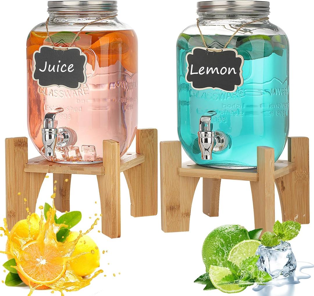 1 Gallon Glass Drink Dispensers for Parties - 2Pack Beverage Dispenser with Stand, Drink Containers with Leakproof Spigot Used As Lemonade Juice Punch Dispenser