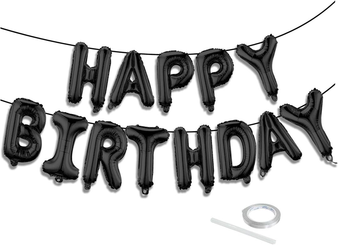 Black Happy Birthday Balloon Banner Set -16 Inch Foil Letters Balloons, Reusable Birthday Decorations and Party Supplies, Suitable for Men and Women's Birthday DecorationsParty Backdrop
