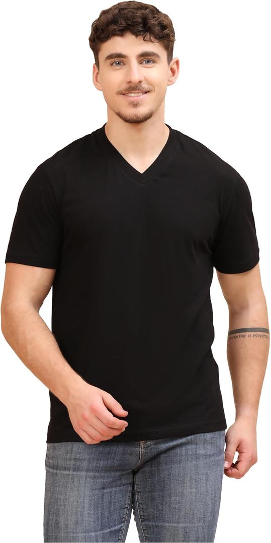 Mens 100% Cotton V-Neck T-Shirt -Soft & Breathable Casual Summer Short Sleeve Soft Tee Shirt (Black)