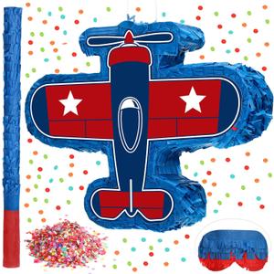 Jenaai Airplane Piata 16 x 12 x 3 Inch Plane Piata Bundle with Stick Blindfold and Confetti Patriotic Themed Party Gift for Boys Girls Plane Birthday Party Game Favors