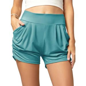 Conceited Womens Shorts with Pockets - Ultra Soft Stretch - High Rise - Casual - Pleated (Large-X-Large, Solid Sea Blue)