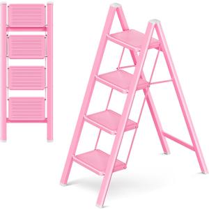 Pink 4 Step Ladder, Sturdy Foldable Ladder, Integrated 7.9Inch Wide Pedal and Anti-Slip Feet for Steady Support, Suitable for Kitchen, Closet, Indoor and Outdoor Use, 330Lbs Load