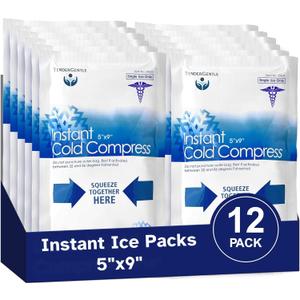 Instant Ice Packs for Injuries (5" x 9") - 12 Pack of Disposable Cold Compress Ice Packs for Sprains, Strains, Contusions, Minor Burns, Toothaches, and More