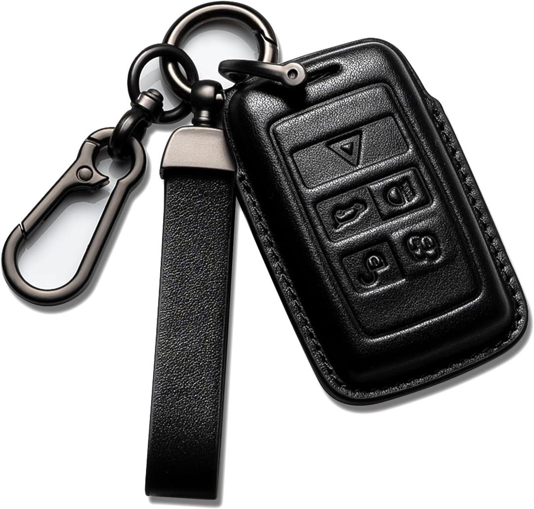 car Key Fob Cover Leather Brown Compatible with Land Rover (Black)
