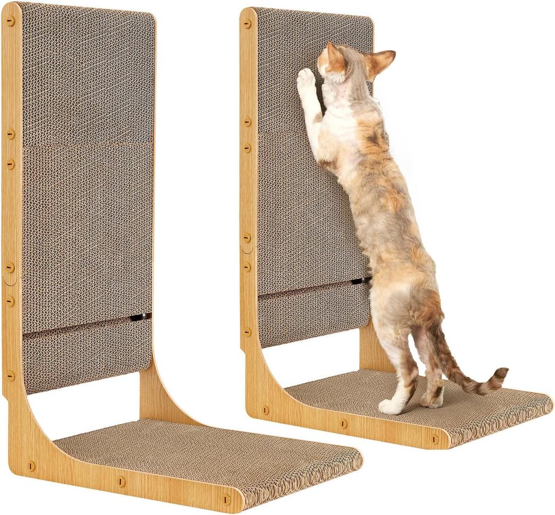 EHEYCIGA 2-Pack Cat Scratcher, 25.6 Inch L-Shaped Cardboard Scratch Pad for Indoor Cats, Vertical Cat Scratching Board with Ball Toy, Furniture Protector, Reversible Design for Double Life, Large (Brown)