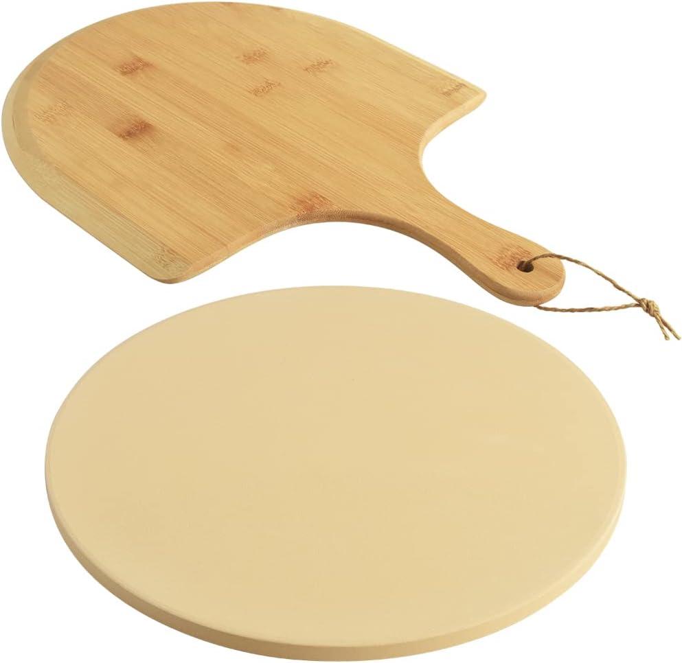 homEdge Pizza Stone Set, Heavy Duty Round Cordierite Baking Stone for Bread, Pizza, Thermal Shock Resistant Cooking Stone with Bamboo Pizza Peel Paddle for Oven and Grill-12 Inches (Diameter)