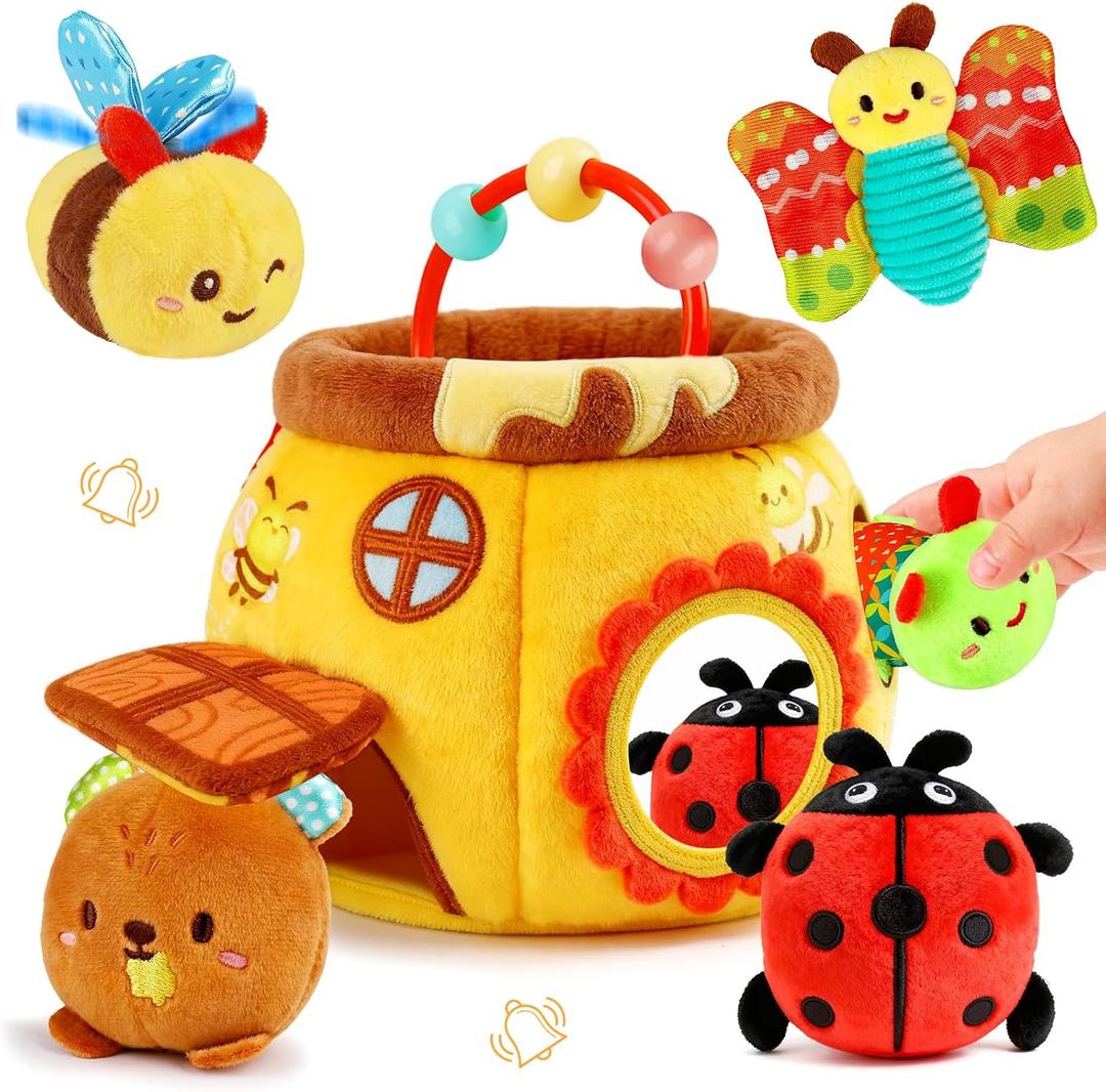 Baby Toys 6-12 Months - Soft Beehive with 5 Sensory Stuffed Animals, Rattle, Crinkle & Mirror, Montessori Toys for 6 7 8 9 10 Month Old Baby Boy Girl Shower Gifts Christmas Stocking Stuffers Ages 0-2