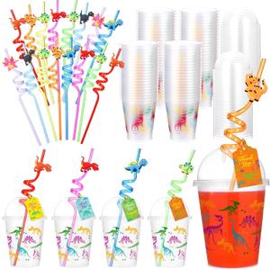 Qinyoung 48 Set Dinosaurs Party Supplies Dinosaur Cups Party Favors Goody Cups with Gift Tags 12 oz Plastic Dino Cup with Lids and Straws Set for Party Decorations