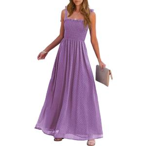 PRETTYGARDEN Women's Casual Summer Boho Maxi Dresses Spaghetti Straps Square Neck Solid Smocked Swing Long Beach Dress(Solid Purple, Small)