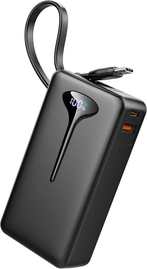 10000mAh Power Bank, 2025 Portable Charger USB C, 22.5W Fast Charging Power Bank with Built in Cable, Travel Portable Phone Charger with 3 Output HD LED Display Battery Pack for iPhone Android Laptop