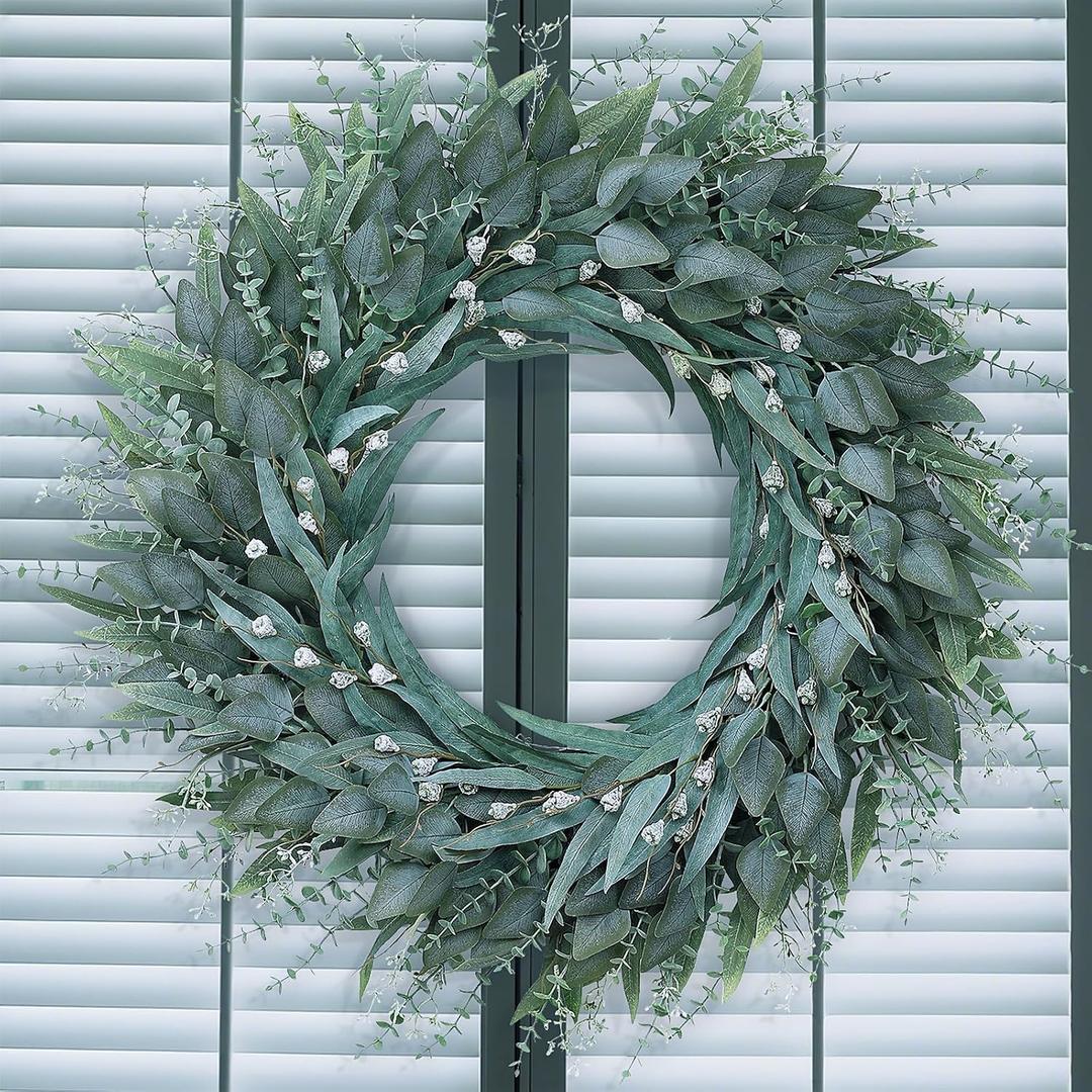 32" Eucalyptus Wreath for Front Door - Large Artificial Greenery Outdoor Wreath for Porch, Window,Farmhouse,Home,Holiday,Hanging Decor- Spring, Summer, Fall, All Seasons (Green)