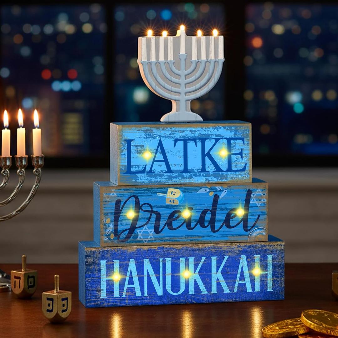 Kathfly 4 Pcs Hanukkah Decorations for Home Light It up Chanukah Table Decor Wooden Lighted Menorah Decoration Hanukkah Centerpiece Rustic Menorah Block Signs Gift Jewish New Year Decor for Home