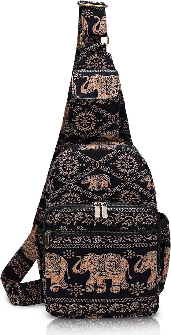 Coton Pose Women sling bag Elephant canvas large boho backpacks bohemian Crossbody bag (Black)