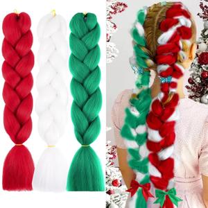 Red White Green Braiding Hair Extensions 24 Inch Jumbo Ombre Braiding Hair for Women Pre stretched High Temperature Synthetic Fiber Hair Soft Twist Braids for Christmas Carnival Party