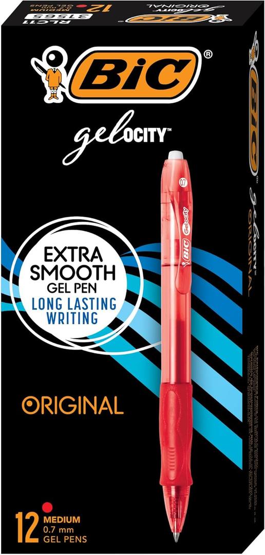 BIC Gel-ocity Original Retractable Gel Pen, Medium Point (0.7 mm), Red, 12-Count, Pack of 12