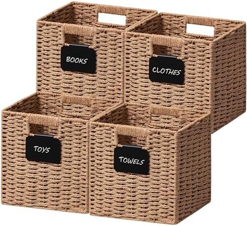 UBBCARE 4 Pack Small Wicker Basket, 9×9 Storage Cubes with Label, Foldable Cube Storage Bin with Handle, Square Storage Basket for Shelves, Woven Paper Rope Basket for Organizing, Caramel