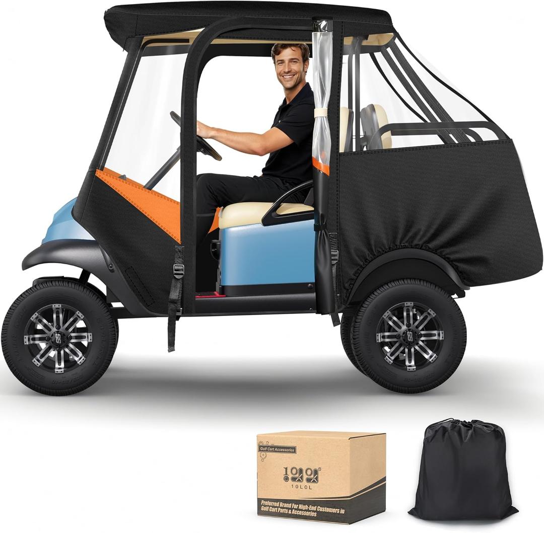 10L0L Golf Cart 4 Passenger Enclosure for Club Car Precedent Short Roof 57.5" Deluxe 600D Golf Cart Heavy Duty Rain Cover with 4 Zipped Doors Clear PVC Windows (Latest Improved Version) (Black/Orange)
