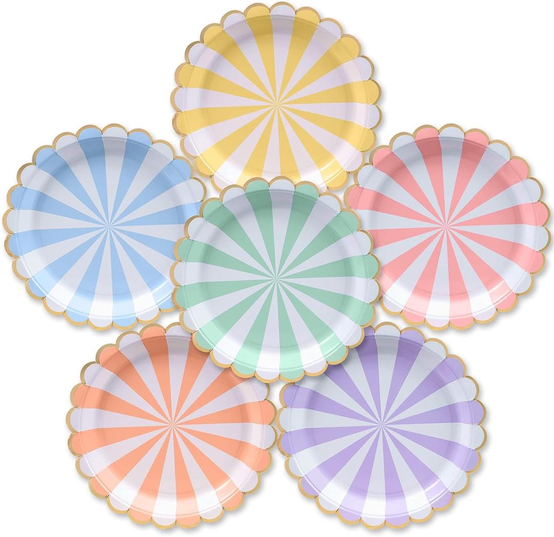 Party Paper Plates, 50-Pack, Disposable Paper Plates, Gold Foil Scalloped Edge, Striped Pastel, 6 Colors, 9-Inch