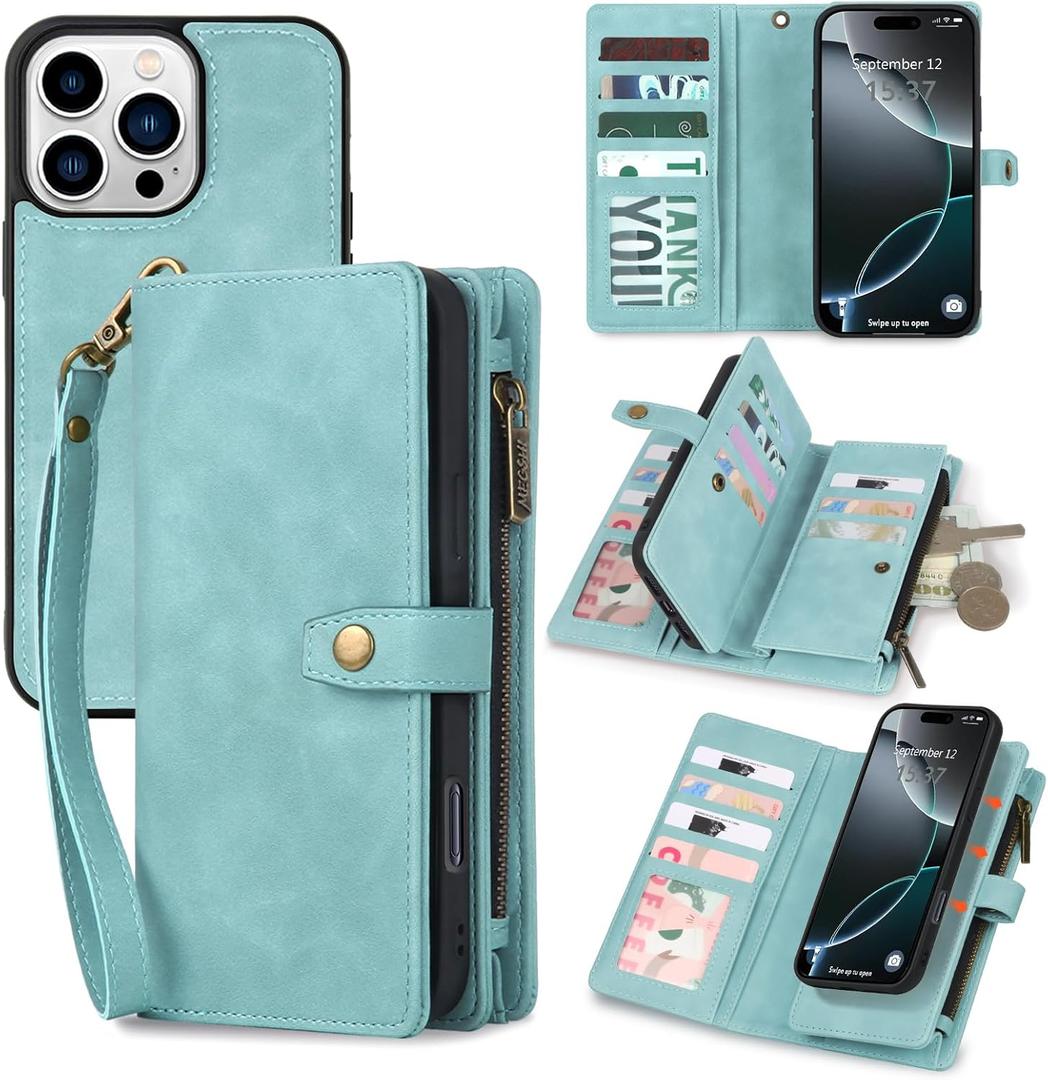 TwoHead Wallet Case Compatible with iPhone 16 Pro Max,Detachable Magnetic Phone Case,PU Leather All-Round Protective Case Wallet with Card Holder/Change Pocket,6.9 in,Blue