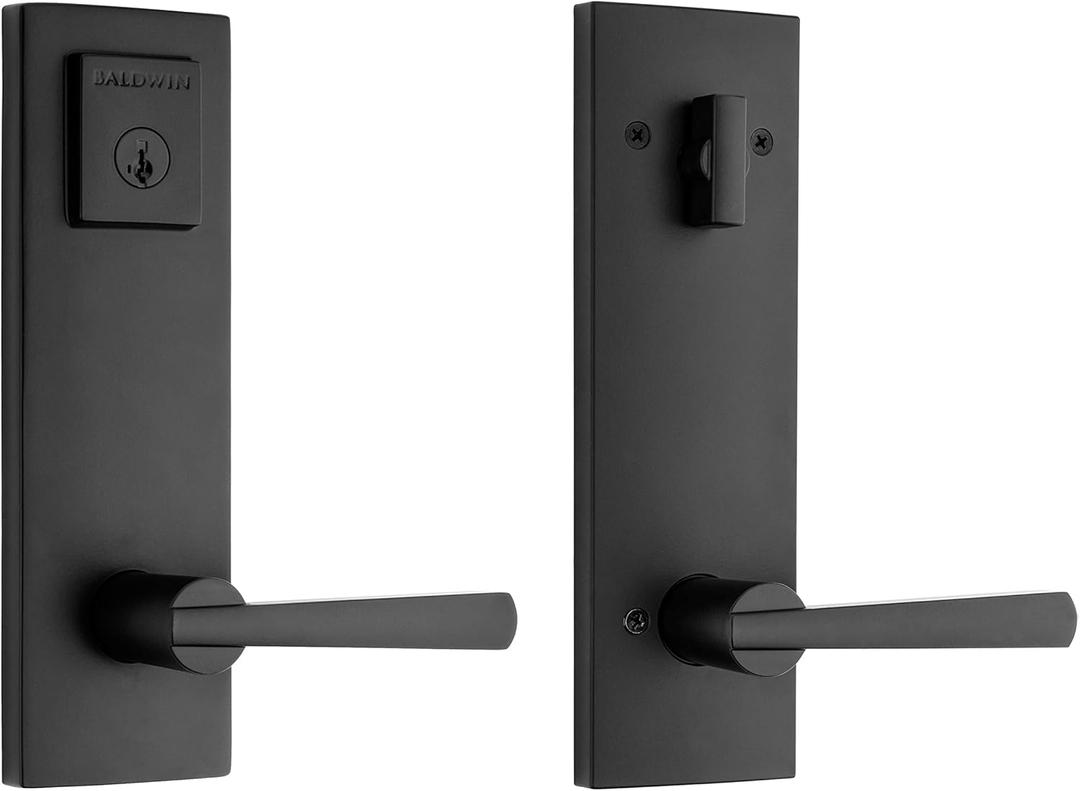 Baldwin Spyglass, Front Entry Handleset with Interior Lever, Featuring SmartKey Deadbolt Re-Key Technology and Microban Protection, in Matte Black, Full Escutcheon Baldwin Spyglass, Front Entry Handleset with Interior Lever, Featuring SmartKey Deadbolt Re-Key Technology and Microban Protection, in Matte Black, Full Escutcheon