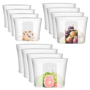 12-Pack Reusable Silicone Food Storage Bags, 100% Silicone Stand-Up Wide-Open Zip-Lock Reusable Storage Bags for Food, Freezer Microwave Oven Dishwasher Safe, Translucent, 4M 4S 4XS