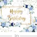 MEHOFOND 7x5ft Happy Birthday Backdrop Blue and White Flowers Bday Photography Background Girls Geometric Gold Glitter Dots Birthday Floral Party Decorations Cake Smash Decor Studio Photo Props