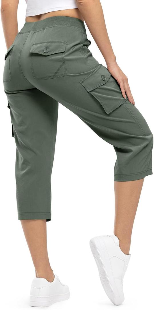 TBMPOY Womens Cargo Capris Lightweight Hiking Pants 6 Pockets Quick Dry Casual Outdoor Trip Loose Shorts Cropped Cotton (X-Large, Army Green)