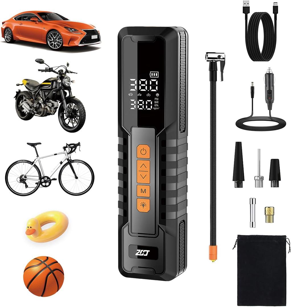 YIMWMIY Tire Inflator Portable Air Compressor Emergency Flat Tire Rescue & Pressure Maintenance Tool, Cordless Pump with 150PSI, LCD Screen, Auto Shut-Off for Car, Motorcycle, Bicycle, Balls