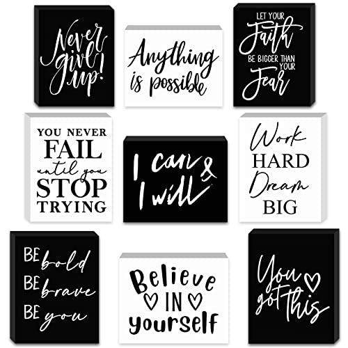 Yulejo 9 Pcs Mini Inspirational Wooden Signs Office Desk Decor Valentines Day Gifts Positive Motivational Quotes Table Decor Bathroom Shelf Cheer up