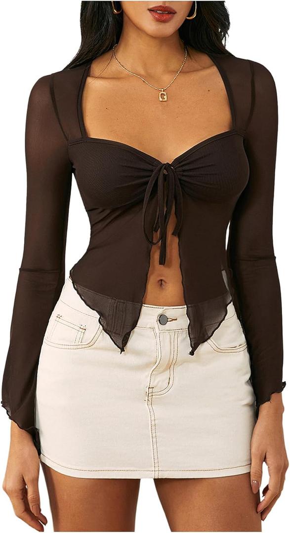 WDIRARA Women's Long Sleeve Front Tie Top Sexy Mesh Bell Sleeve Shirt (Medium, Coffee Brown)