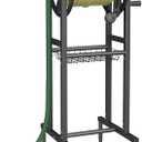 Garbuildman Ground Mount Garden Hose Reel Holds 125 Feet of 5/8-Inch with 3.9 ft Leader Hose, Brass Fitting, Water Hose Holder Stand with Storage Rack & 4 Spikes Base for Outdoor Lawn, Black