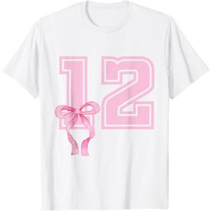 12 Years Old Birthday Girl Coquette Pink Bow Aesthetic T-Shirt (S, White)