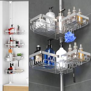 4-Tier Shower Caddy/Shower Organizer - Corner Standing Tension Pole Adjustable 25-114.2 inches Built in 2 Soap Holder Rustproof Silver Finish
