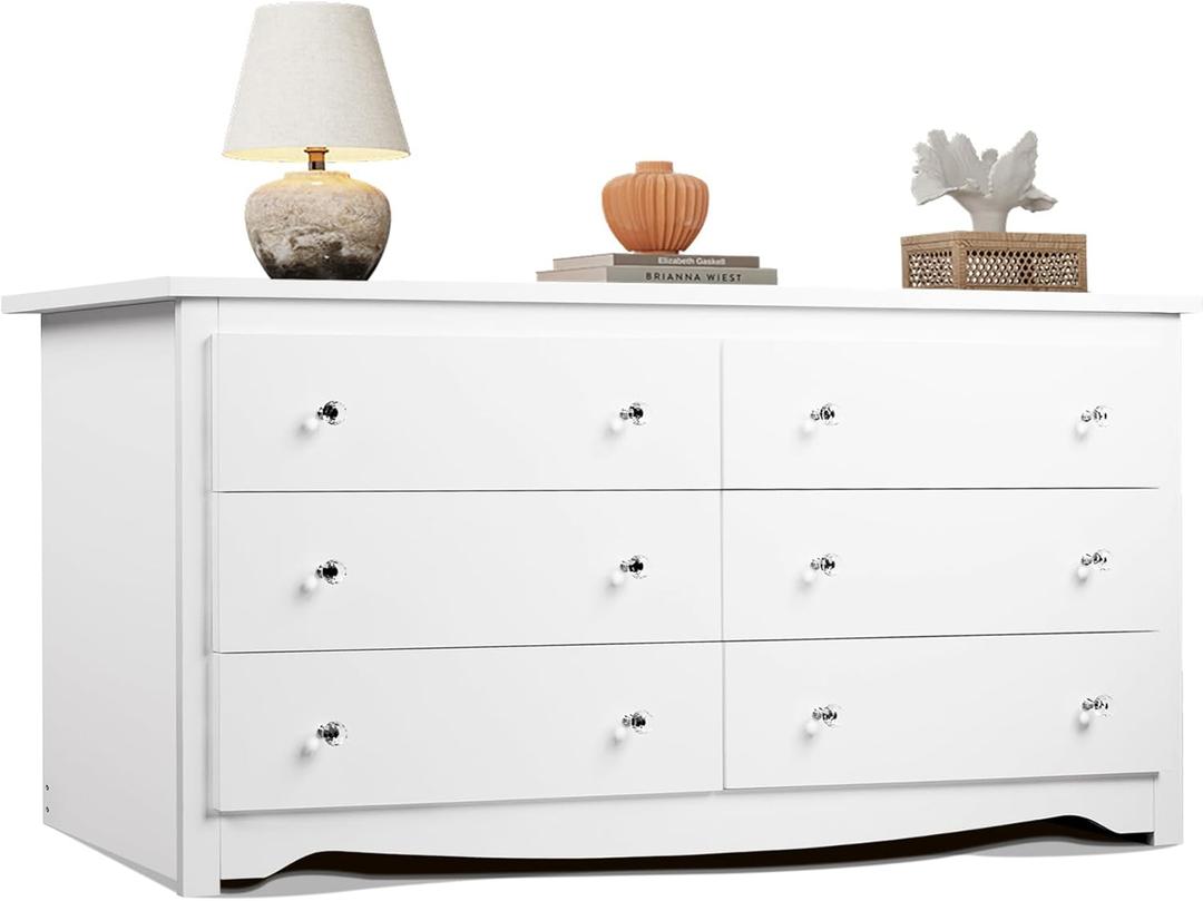 WLIVE White Dresser with 6 Drawer, 59Wide Modern Chest of Drawers for Bedroom, Wood Large Storage Tower Unit, Closet Store Organizer for Living Room, Hallway
