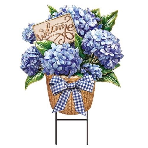 Amyhill Spring Outdoor Decor Hydrangea Metal Garden Stakes 25 Inch Decorative Hydrangea Yard Signs with Stakes Waterproof Floral Lawn Sign Welcome Outdoor Decorations for Patio Porch Lawn Backyard