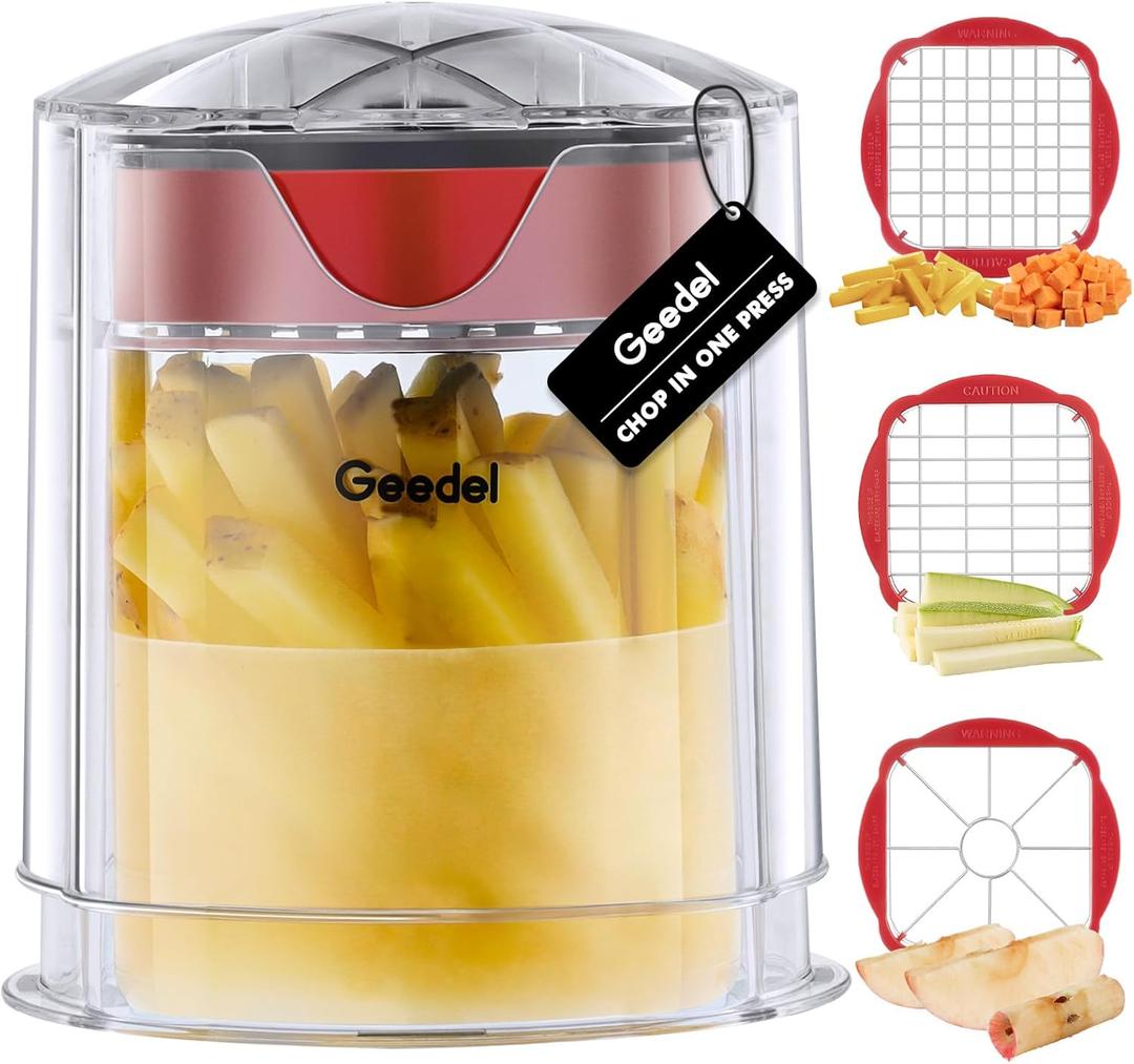 French Fry Cutter, Professional Home Style Onion Chopper, Vegetable Chopper Dicer Manual, Easy to Clean, Ultra Sharp Blades Thick-Strip Fry Cutter Apple Slicer and Corer, 3 Blades