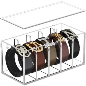 FEMELI Belt Organizer, Acrylic Belt Storage for Closet with Dust Cover, Clear Belt Container Display Holder for Drawer, Clear Belt Tie Case Hanger with 5 Compartments for Women Men Home