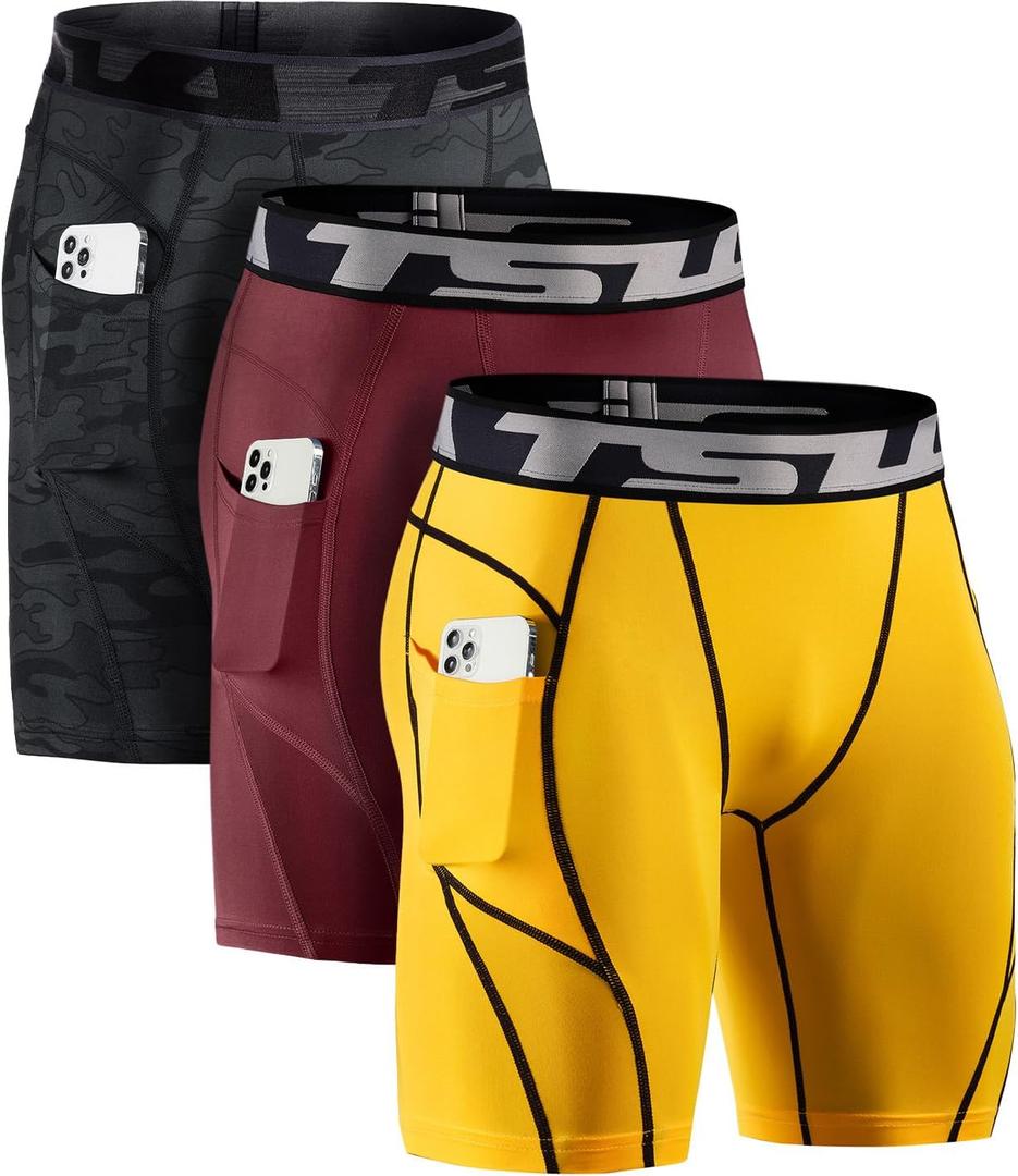 TSLA Men's Athletic Compression Shorts, Active Cool Dry Sports Performance Running Tights with Pocket, Pocket 3pack Yellow&Black/ Maroon/ Urban Camo Black, X-Large