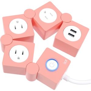 iJoy Flexible Power Strip - 3 AC Outlets and 2 USB Charging Ports with Pink Extension Cord, Power Strips with Surge Protection, Decorative Surge Protector Outlet Extender for Home, Office, and More