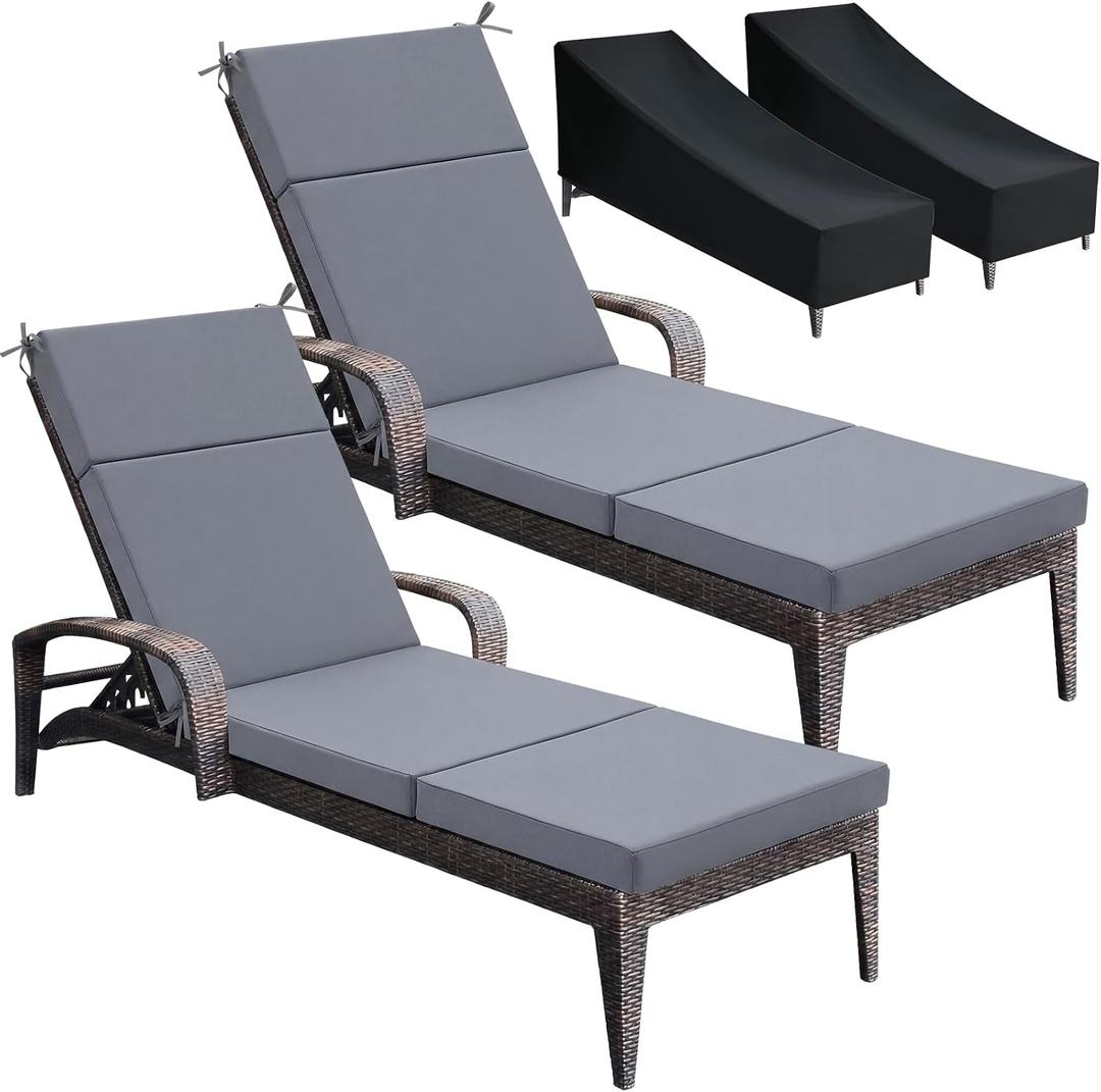 Patelai 2 Set Outdoor Chaise Lounge Cushions with Chair Covers, 70 x 21 x 3 Inch Waterproof Sun and Fade Resistant Thick Replacement Lounge Chair Cushions for Patio Poolside (Gray)