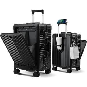 Carry on Luggage Aluminium Frame with Cup Holder,Top opening Suitcases and USB Charging Port,Lightweight with Front Pocket Rolling Suitcases with Spinner Wheels (Black, 20Inch)