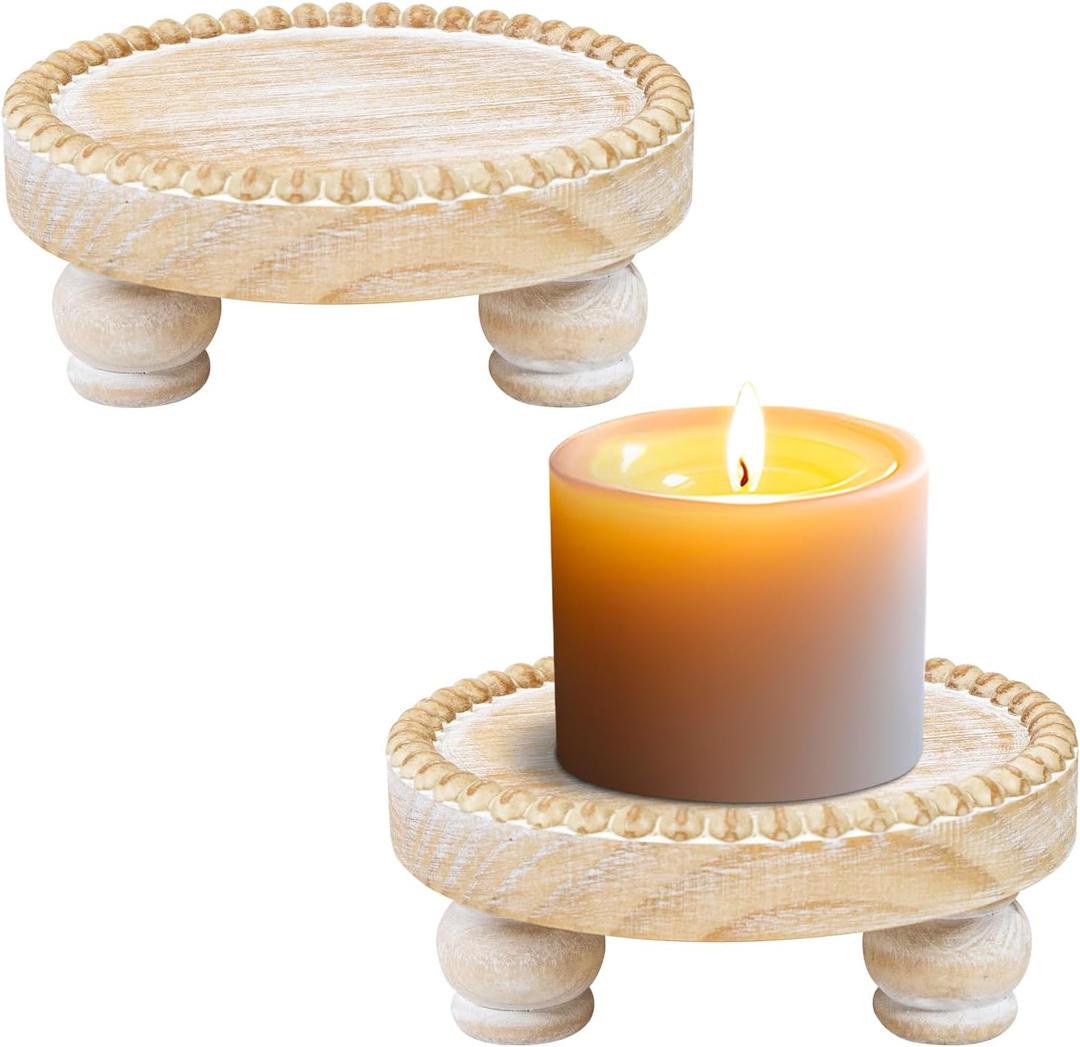 Small Wood Risers for Decor, Round Wooden Display Risers Candle Plates and Trays, Farmhouse Candle Trays Home Decor, Pedestal Stand for Mini Cake, Mug Display Decorative, Table Centerpiece, Brwon