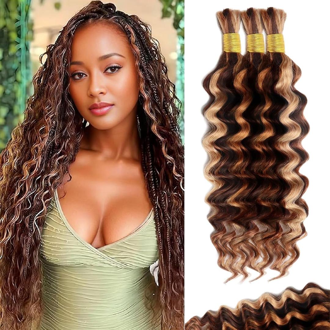Highlight Human Braiding Hair 12 Inch 110g for Boho Braids Knotless Braids Bulk 100% Human Hair Extensions, P4/27/30 Ombre Brown Blonde Deep Water Wave Braiding Hair for Bohemian No Weft 3 Bundles